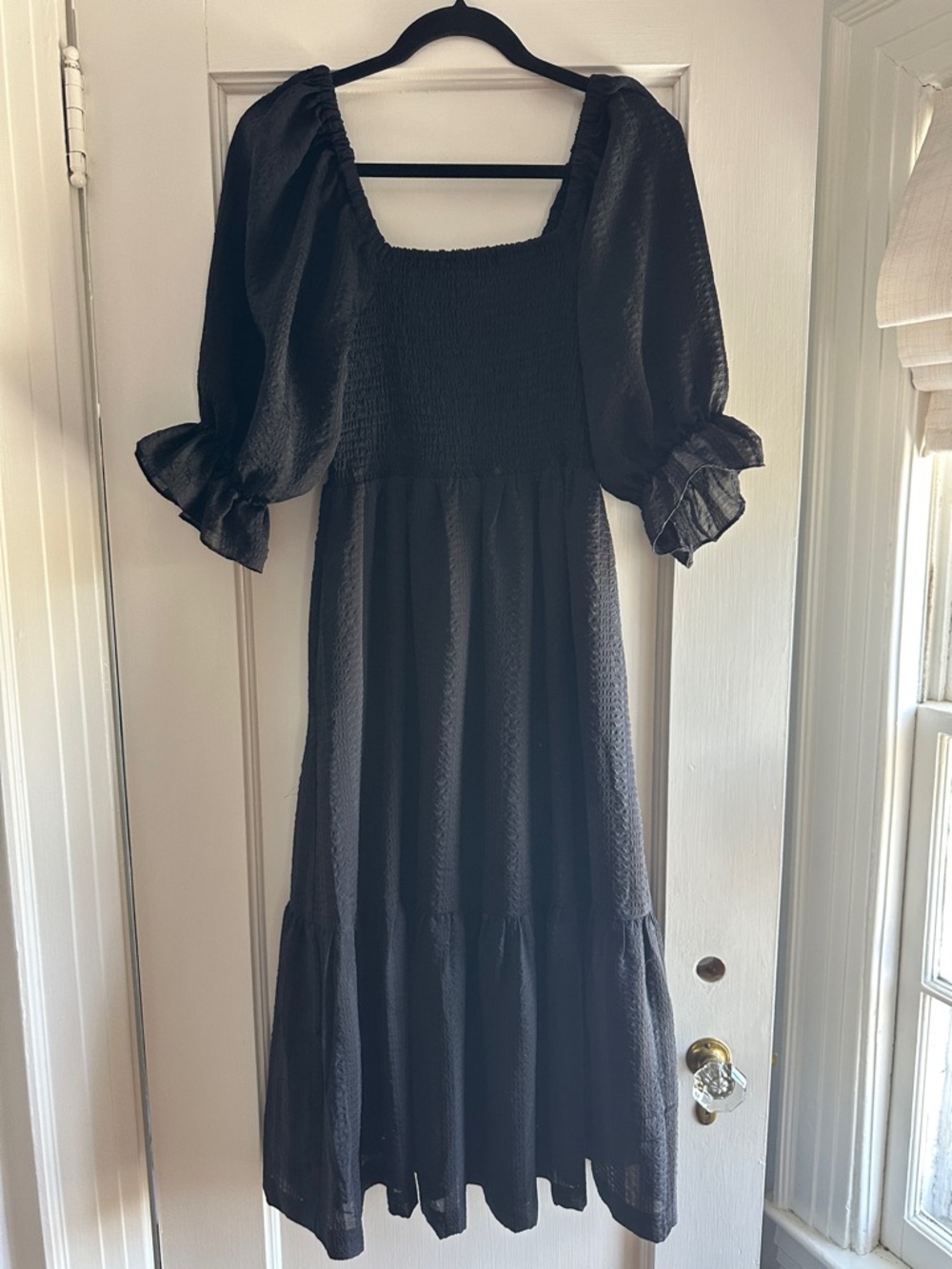 Madewell Black Smocked Midi Dress with Puff Sleeves and Tiered Skirt
